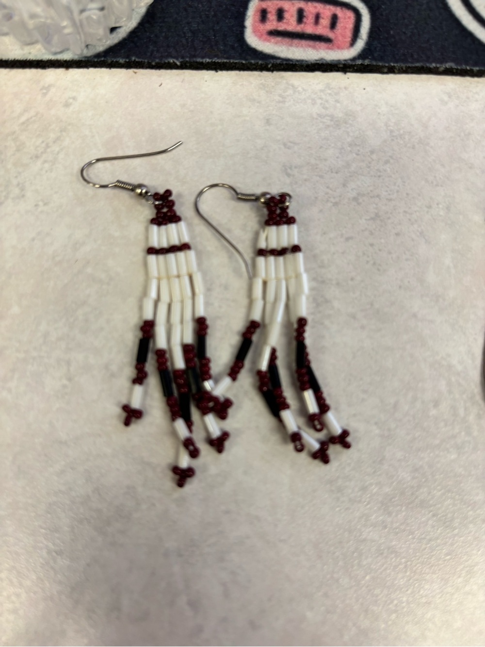 Beaded Fringe Drop Earrings - White & Burgundy